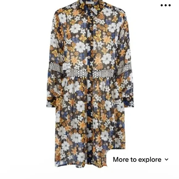 Sandro Paris Reyes Floral Button-Front Sheer Smock Dress in Black & Mustard - Picture 14 of 16